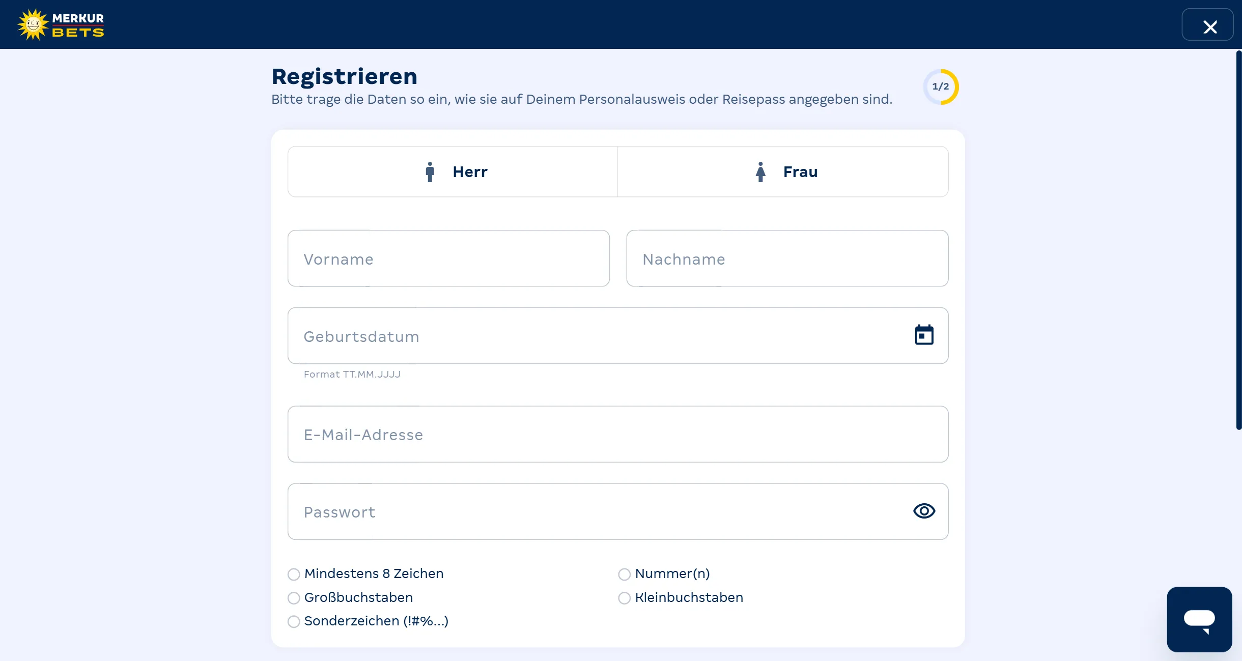 Erster Registrierungsschritt auf der Website von Merkur Bets. Das Formular enthält Optionen für die Anrede